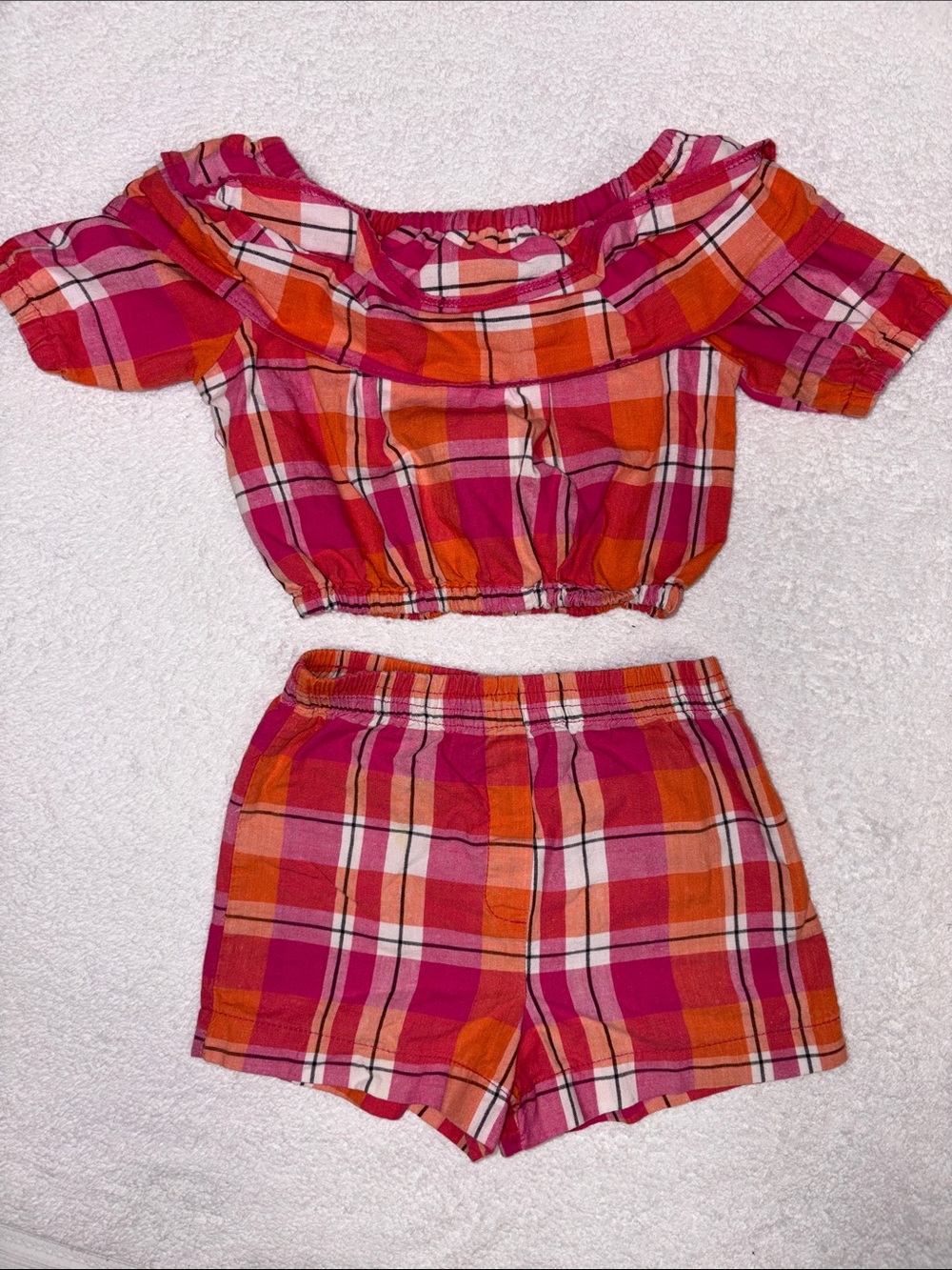 Miniville vintage Plaid Off-Shoulder ruffle Top & Shorts orange pink plaid 3t